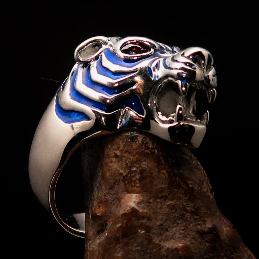 Excellent crafted Men's Predator Ring Tiger red CZ Eyes and blue Stripes - Sterling Silver-2