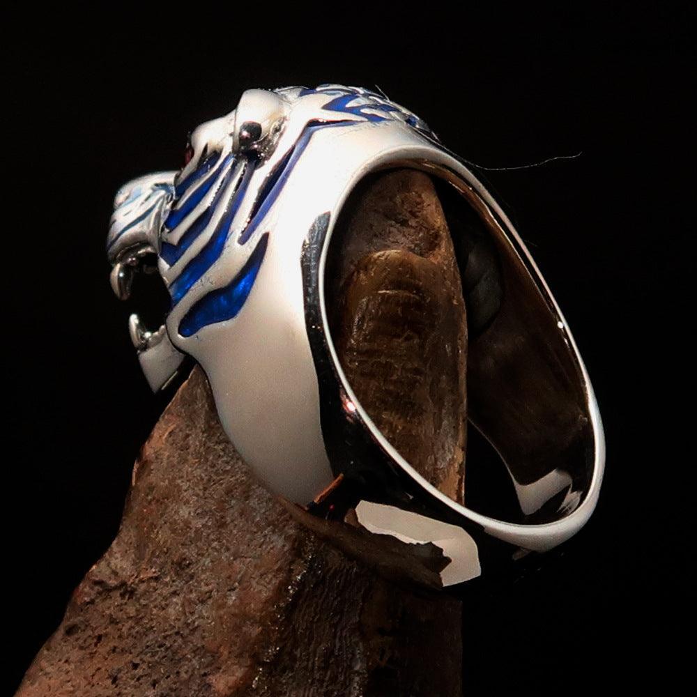 Excellent crafted Men's Predator Ring Tiger red CZ Eyes and blue Stripes - Sterling Silver-4
