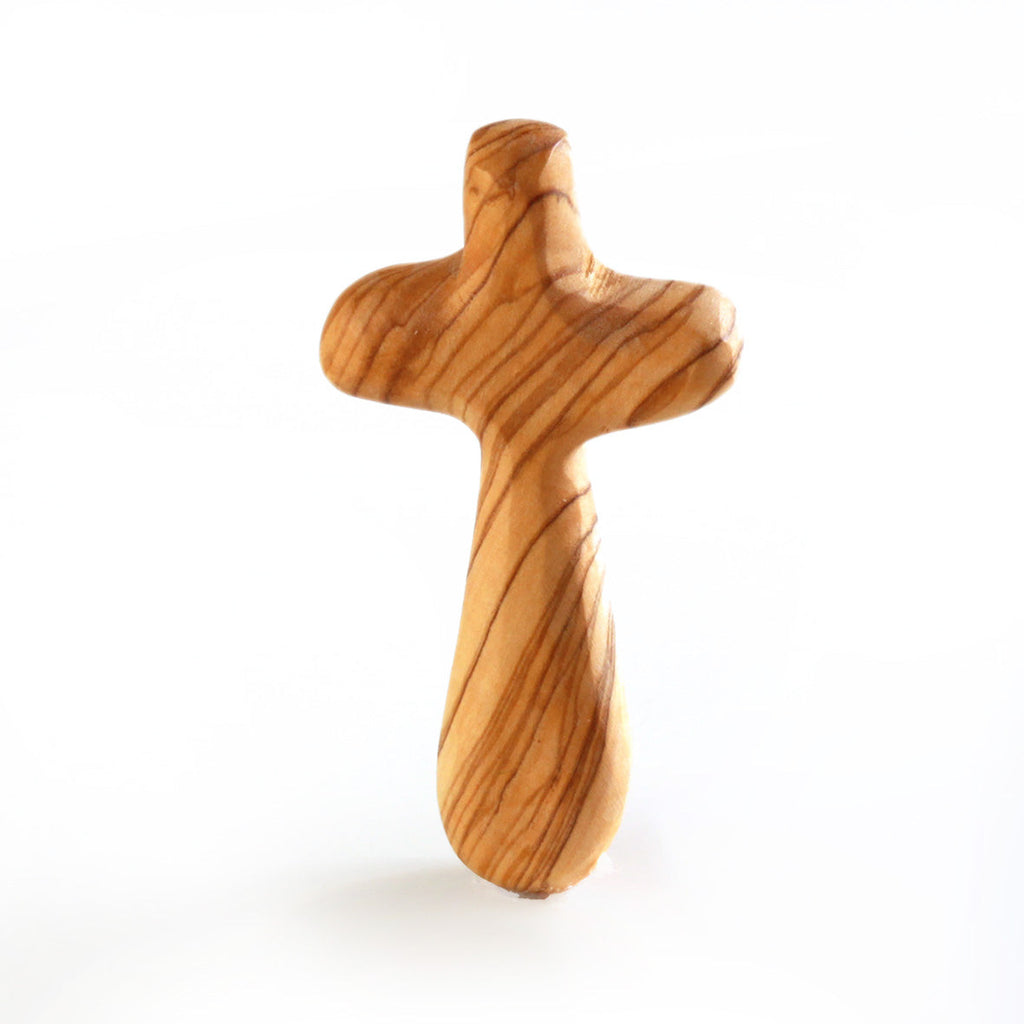 Kreuz Handschmeichler aus Olivenholz | Kleines Handkreuz als Glücksbringer & Geschenk zur Taufe, Kommunion oder Trost-0