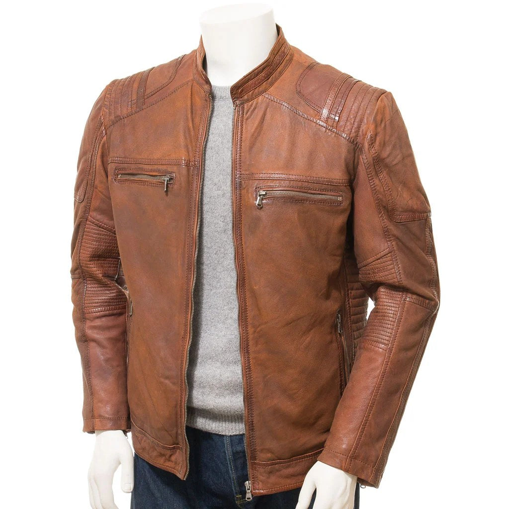 MEN BROWN LEATHER BIKER JACKET ORWELL