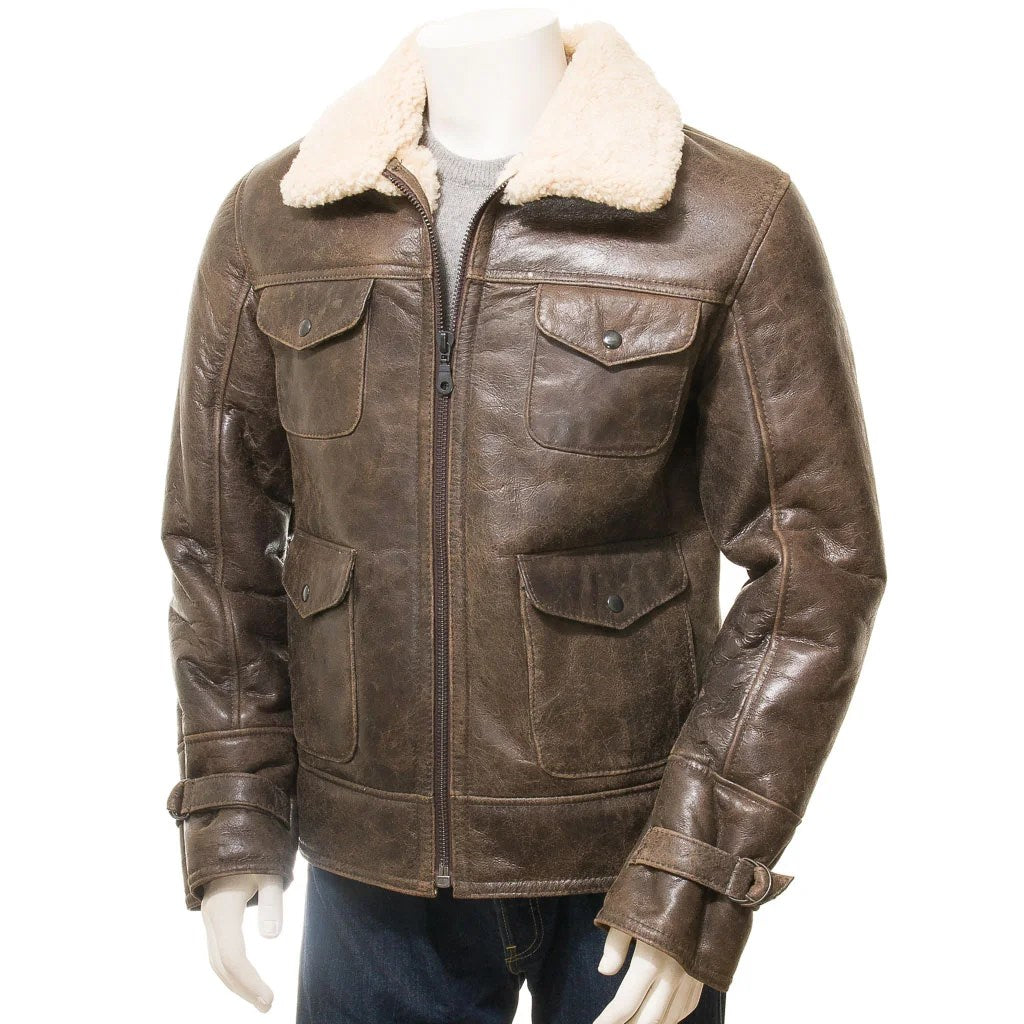 MEN BROWN SHEEPSKIN SHEARLING JACKET FOWLER