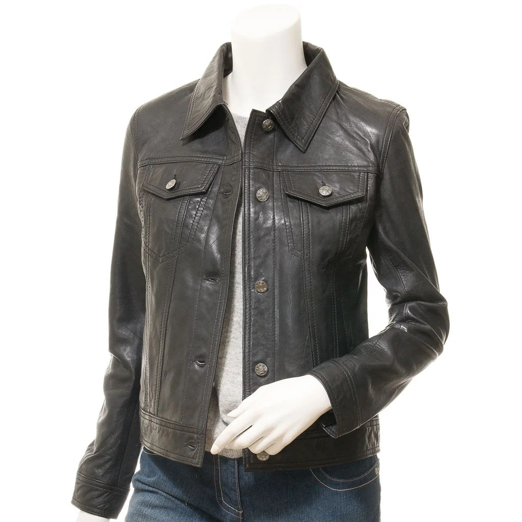 WOMENS BLACK LEATHER TRUCKER JACKET HAVANA