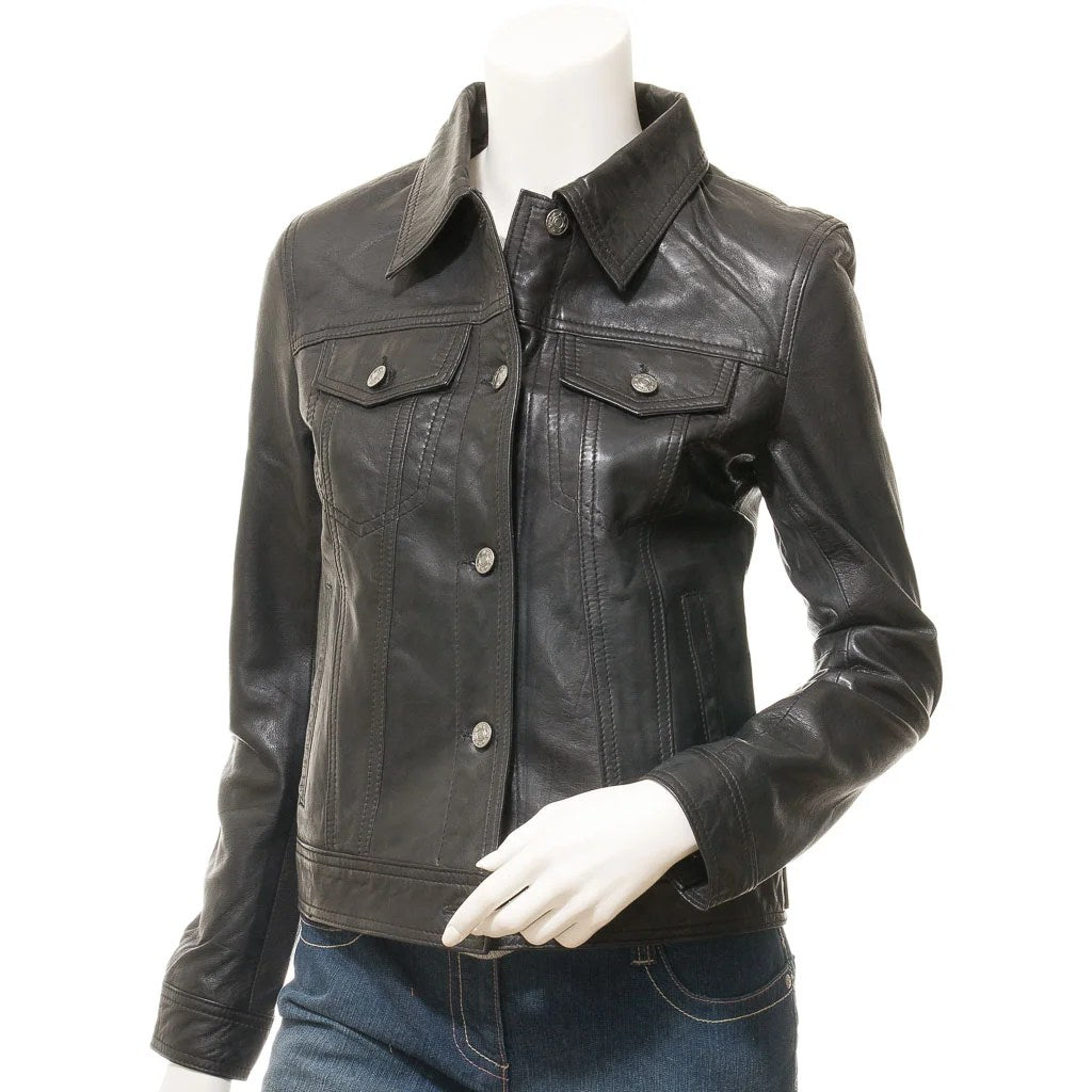 WOMENS BLACK LEATHER TRUCKER JACKET HAVANA
