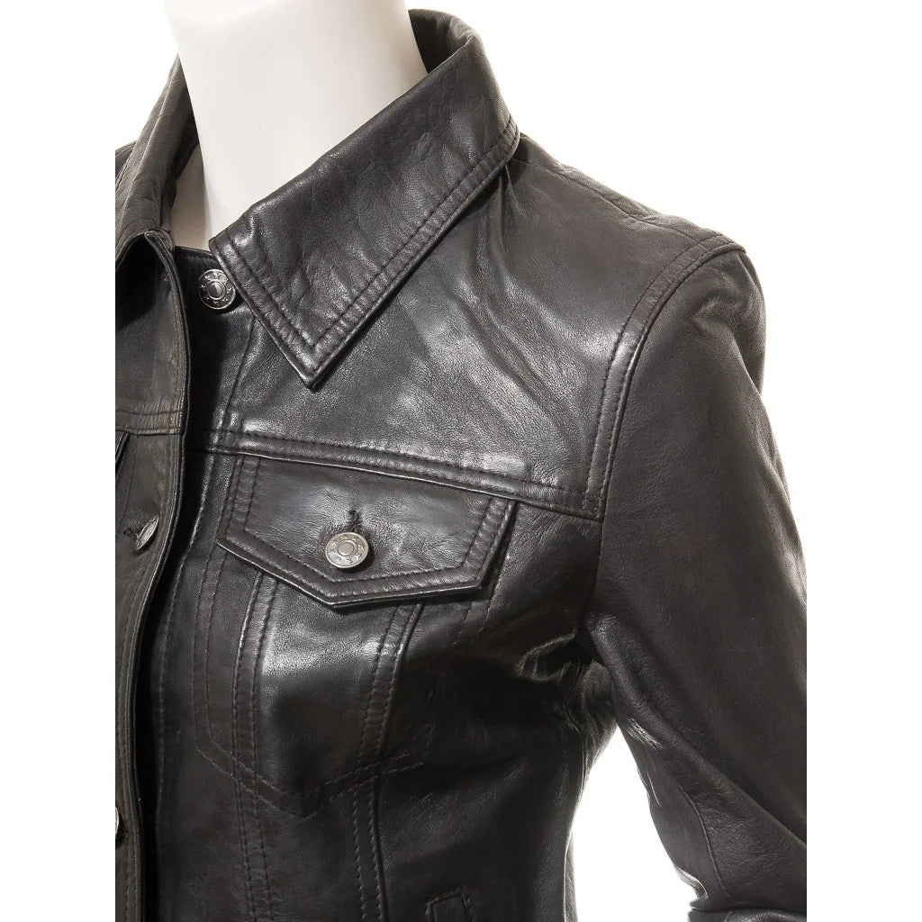 WOMENS BLACK LEATHER TRUCKER JACKET HAVANA