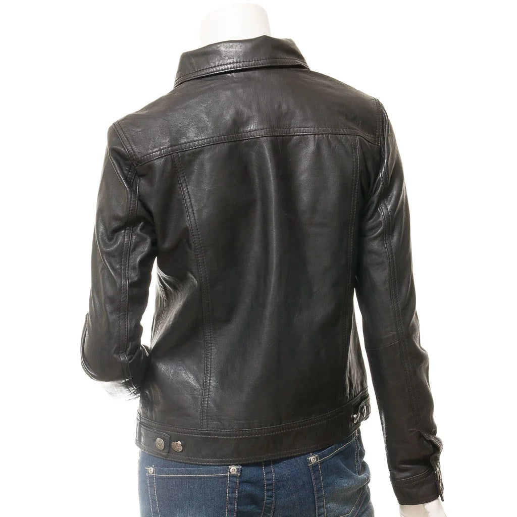 WOMENS BLACK LEATHER TRUCKER JACKET HAVANA