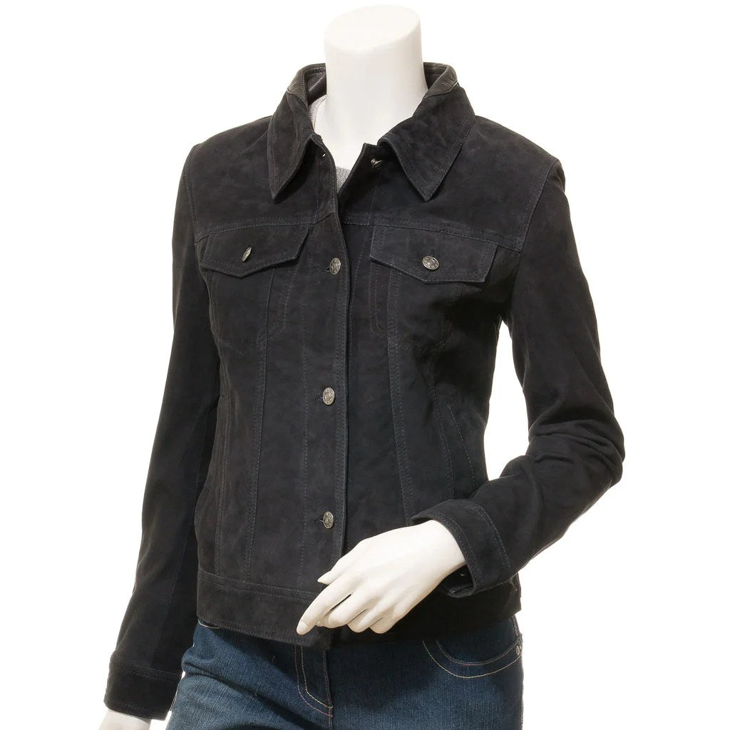 WOMENS BLACK SUEDE TRUCKER JACKET HAVANA