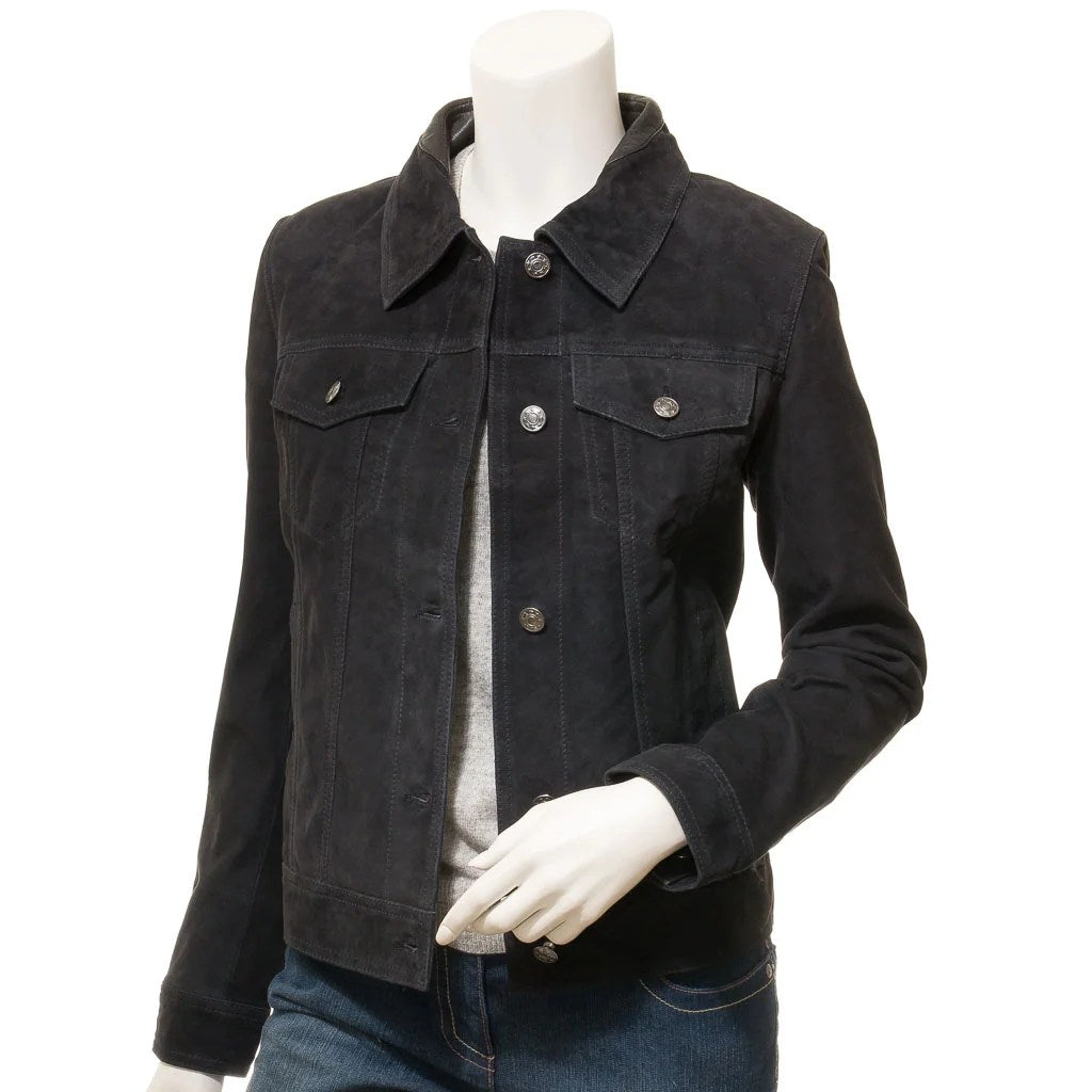 WOMENS BLACK SUEDE TRUCKER JACKET HAVANA