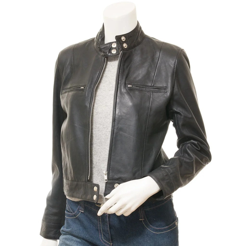 WOMENS BLACK LEATHER BIKER JACKET LABELLE