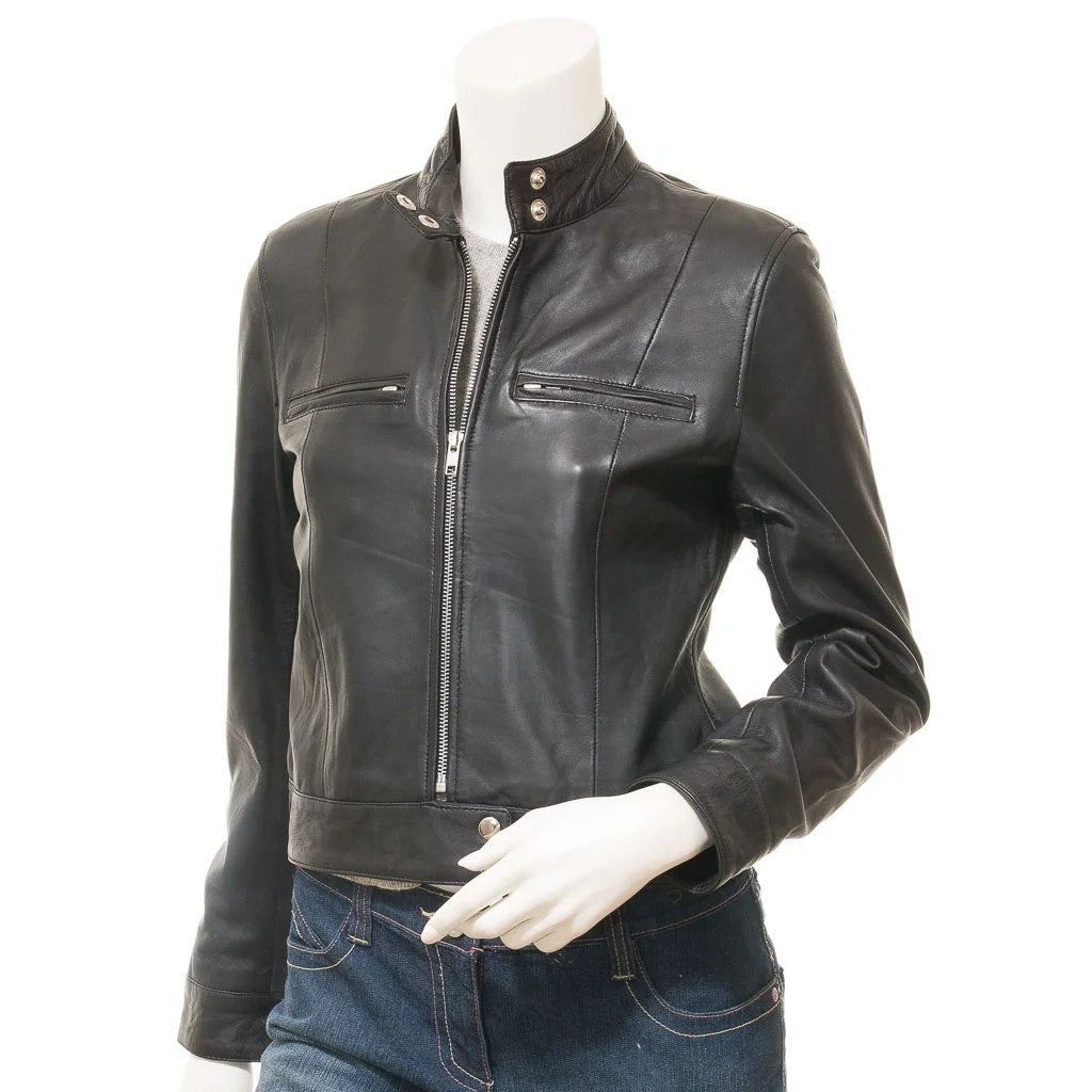 WOMENS BLACK LEATHER BIKER JACKET LABELLE