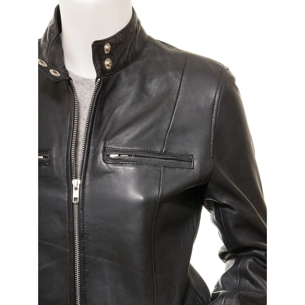 WOMENS BLACK LEATHER BIKER JACKET LABELLE