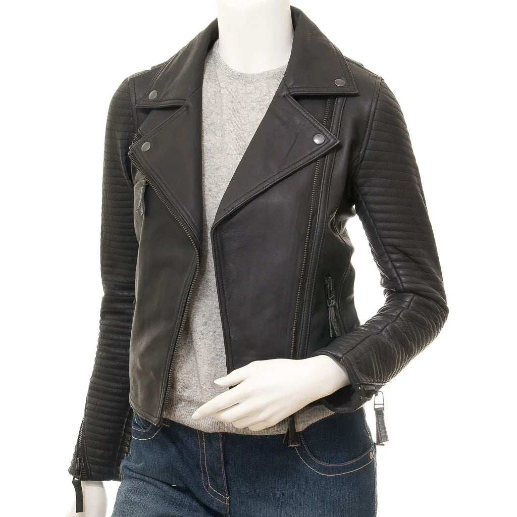 WOMENS BLACK LEATHER BIKER JACKET LANTANA