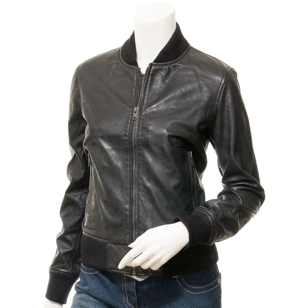 WOMEN BLACK LEATHER BOMBER JACKET RAIFORD