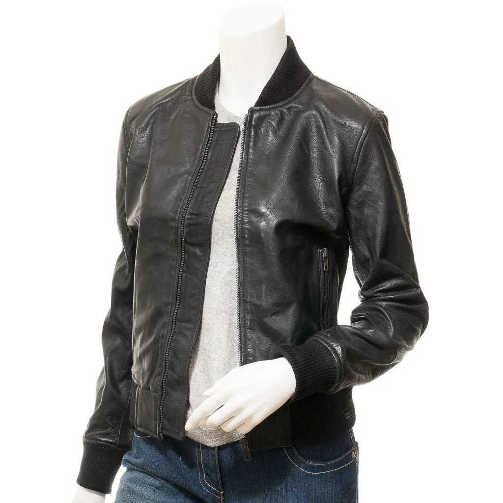 WOMEN BLACK LEATHER BOMBER JACKET RAIFORD