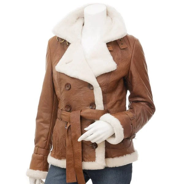 WOMEN TAN SHEEPSKIN SHEARLING JACKET ROSENBERG