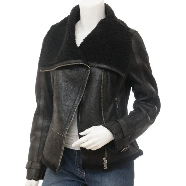 WOMEN BLACK BIKER SHEEPSKIN LEATHER JACKET PROSPER