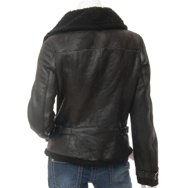 WOMEN BLACK BIKER SHEEPSKIN LEATHER JACKET PROSPER