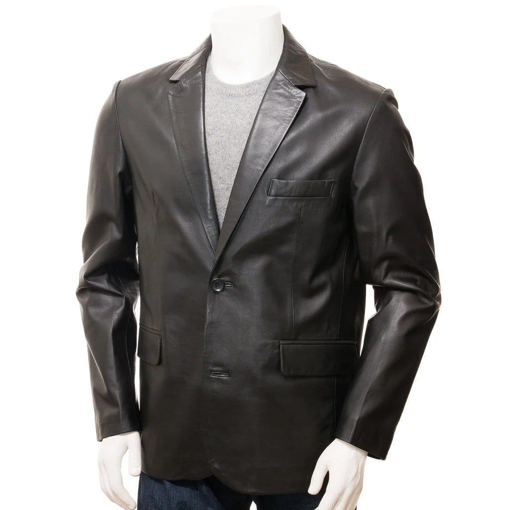 MEN CLASSIC BLACK LEATHER BLAZER MANSFIELD