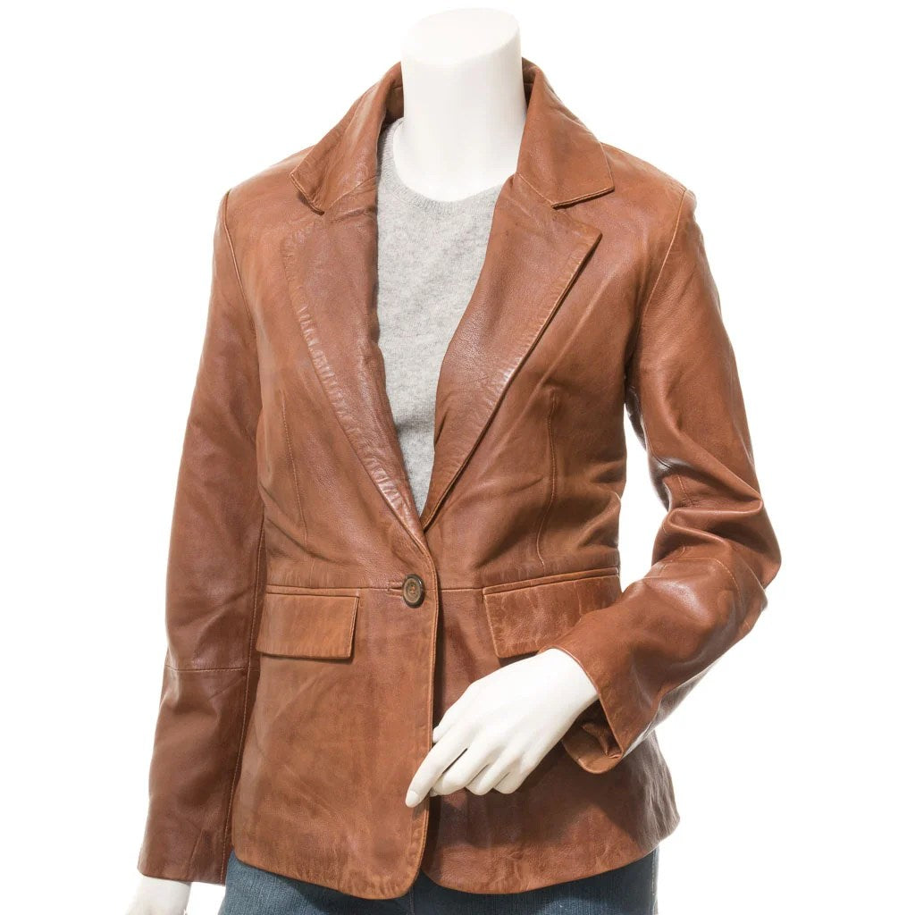 WOMEN CLASSIC TAN LEATHER BLAZER LUFKIN
