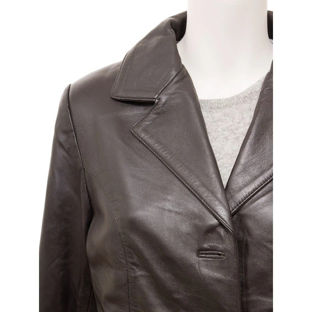 WOMEN BROWN LONG LEATHER BLAZER AZLE