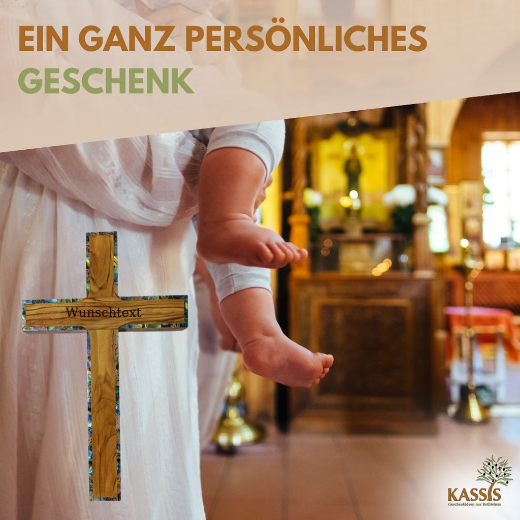 Olivenholz Kreuz mit Perlmutt-Rand 25 × 15 cm | Schlichtes Wandkreuz handgefertigt in Bethlehem-4