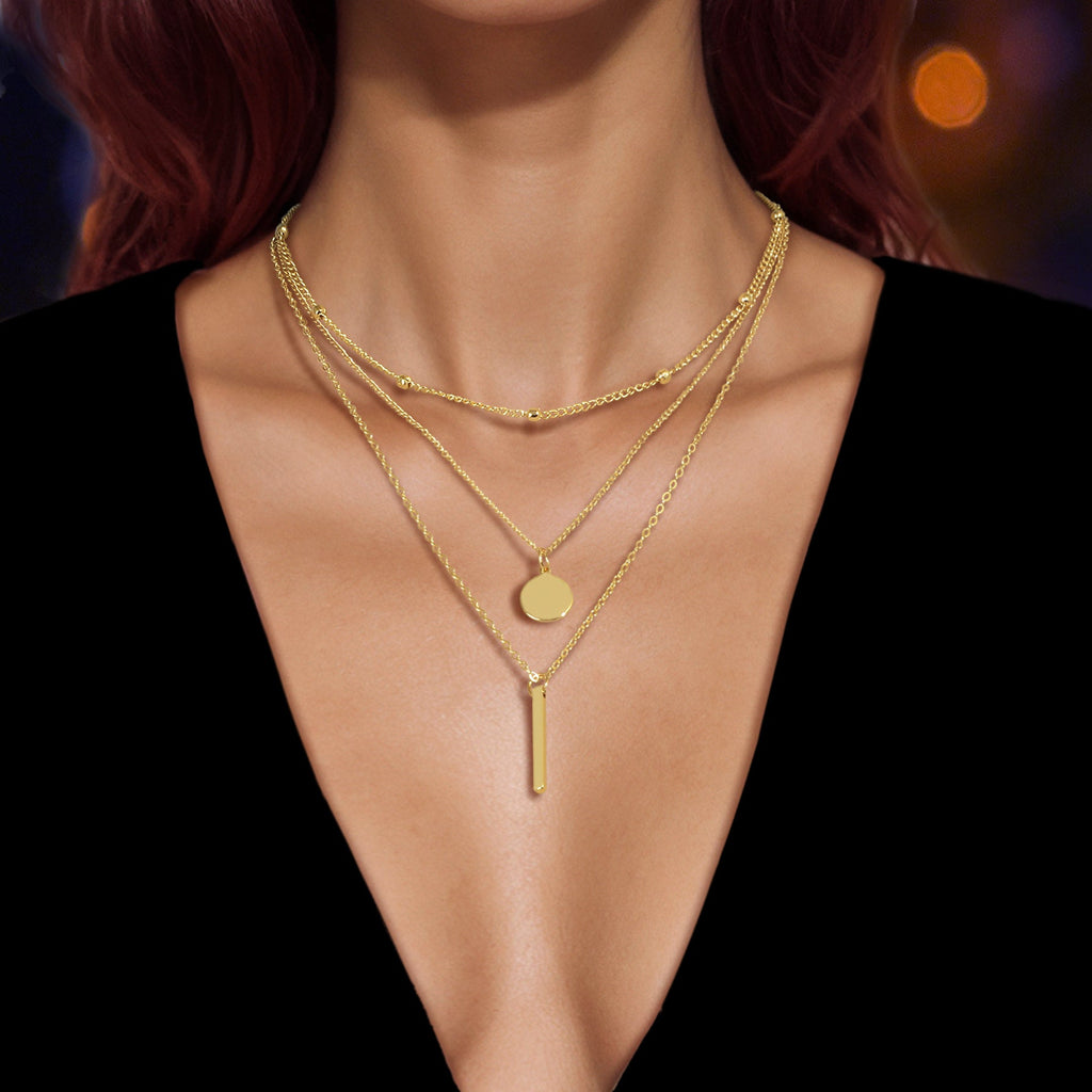 Boho Multi-Layer 3pcs Bar Disc Charm Metal Round Beads Chain Choker Necklace-0