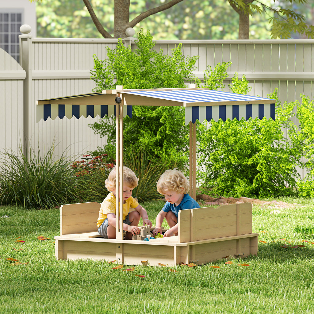 Bac à sable carré en bois pour enfants dim. 106L x 106l cm avec bancs et couvercle - auvent réglable