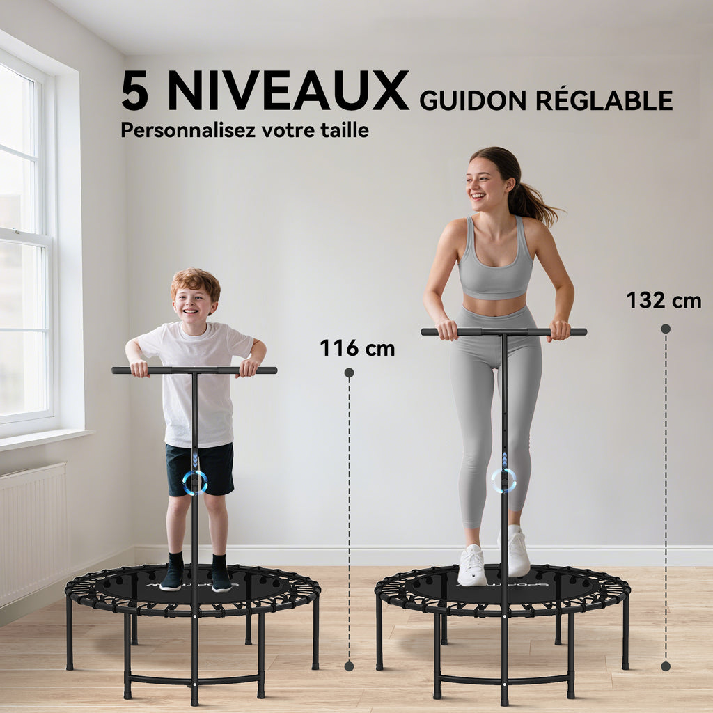 Trampoline de Fitness avec Cordes Élastiques, Poignée Réglable 5 Positions, Capacité 100 kg, Acier, Ø102x132cm, Noir