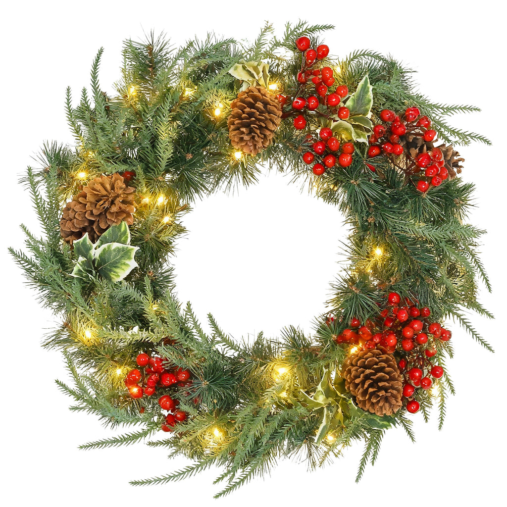 Couronne de Noël lumineuse 60 cm avec 35 LED, minuterie, 170 pointes, pommes de pin, baies, feuilles de houx, vert