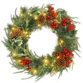 Couronne de Noël lumineuse 60 cm avec 35 LED, minuterie, 170 pointes, pommes de pin, baies, feuilles de houx, vert