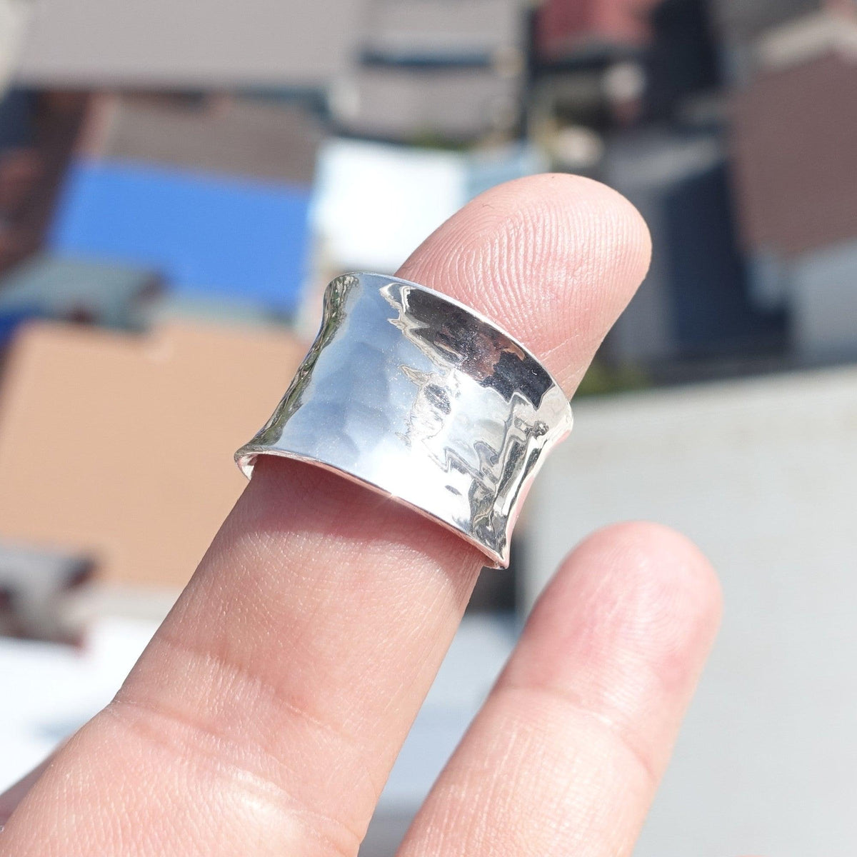 Minimalist Silver Ring, Sterling Silver Ring, handmade silver ring, hammered design, wide band Ring, Unisex Design - flexible Size 7.5-1