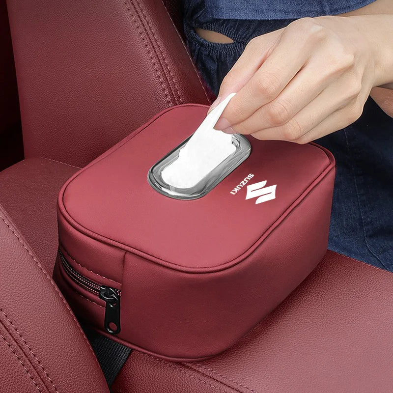 Leather Car Tissue Organizer Storage Bag–Multi-Position Holder Red