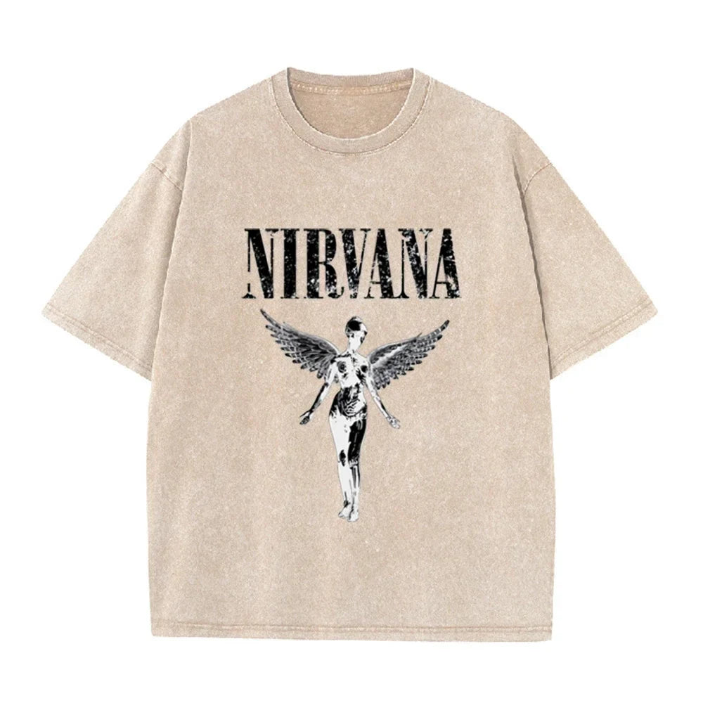Vintage Distressed Washed Tee Nirvana Grunge Rock Silver Angel Skeleton Print Loose Fit Short Sleeve T Shirts