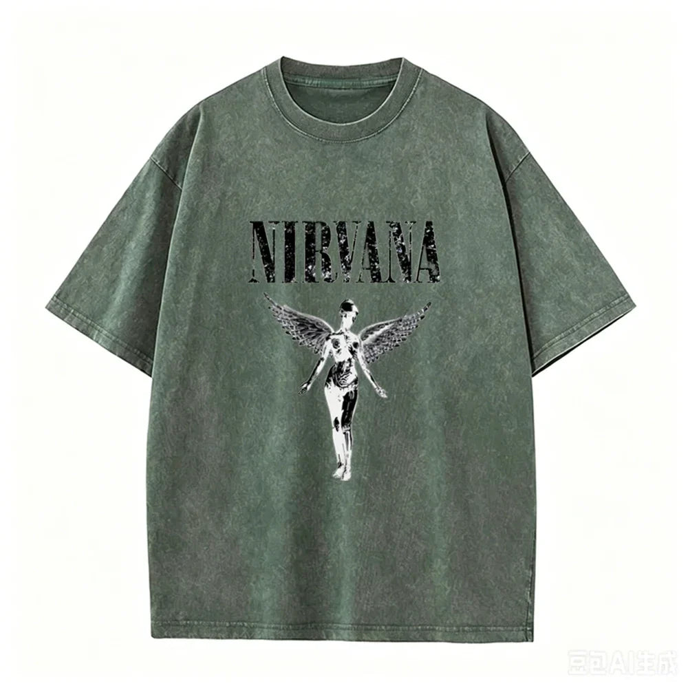 Vintage Distressed Washed Tee Nirvana Grunge Rock Silver Angel Skeleton Print Loose Fit Short Sleeve T Shirts