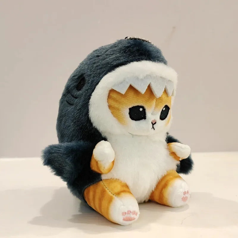 Kawaii Tempura Fried Shrimp Shark Cat Plush Doll Keychain - Blue 13cm-2