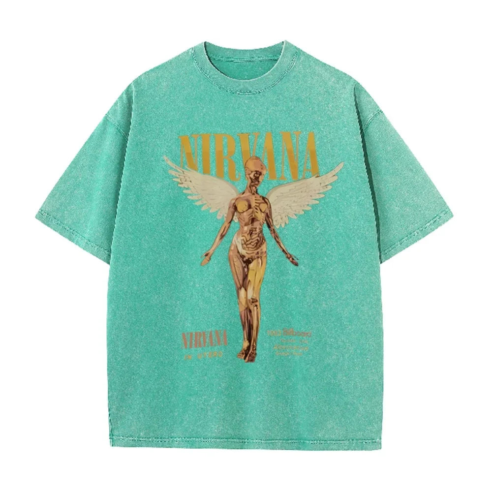 Vintage Distressed Washed Tee Nirvana Grunge Rock Silver Angel Skeleton Print Loose Fit Short Sleeve T Shirts