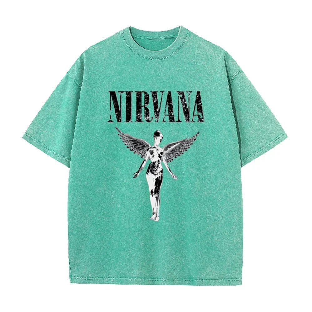 Vintage Distressed Washed Tee Nirvana Grunge Rock Silver Angel Skeleton Print Loose Fit Short Sleeve T Shirts