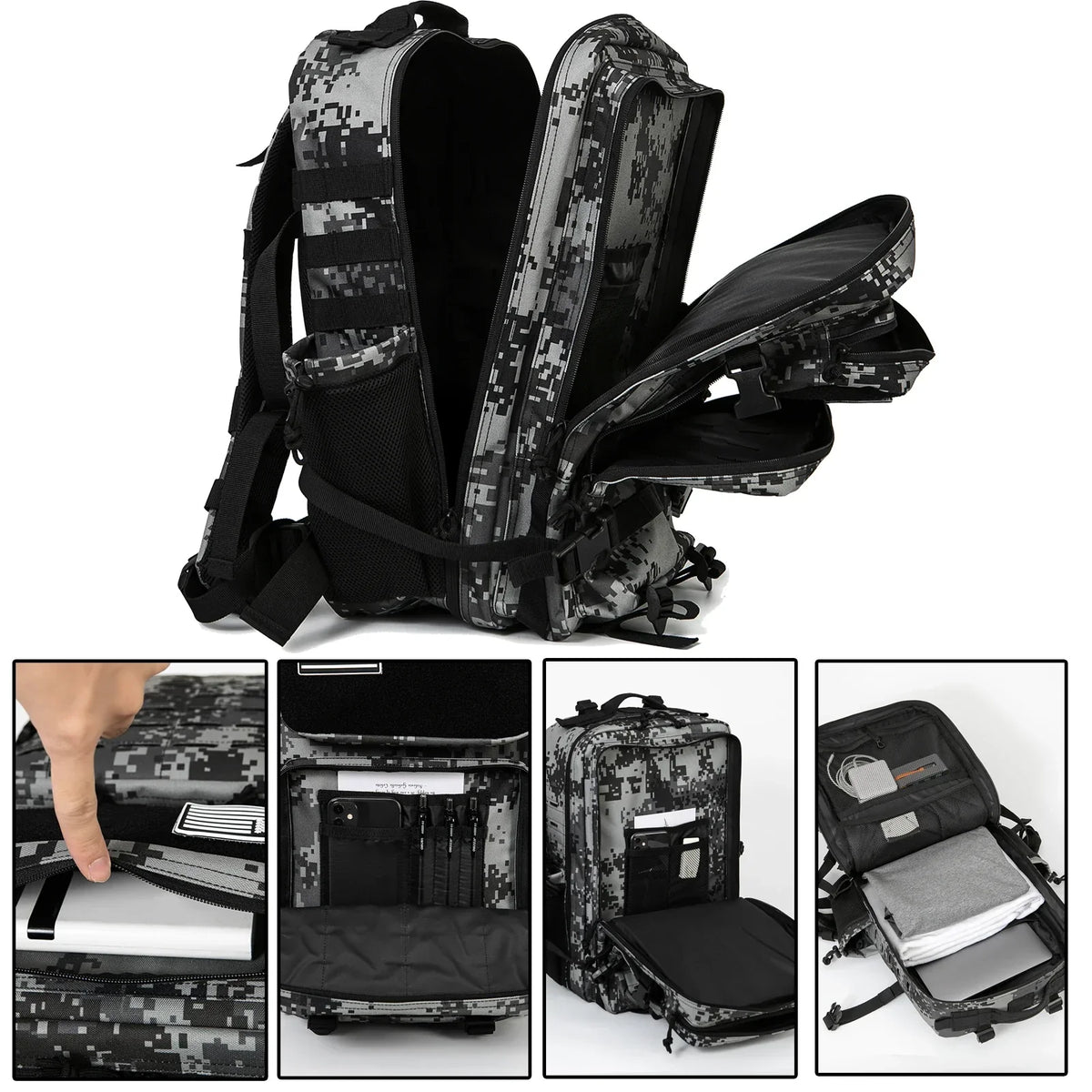 45L Tactical Backpack Waterproof Rucksack Black Camo-4