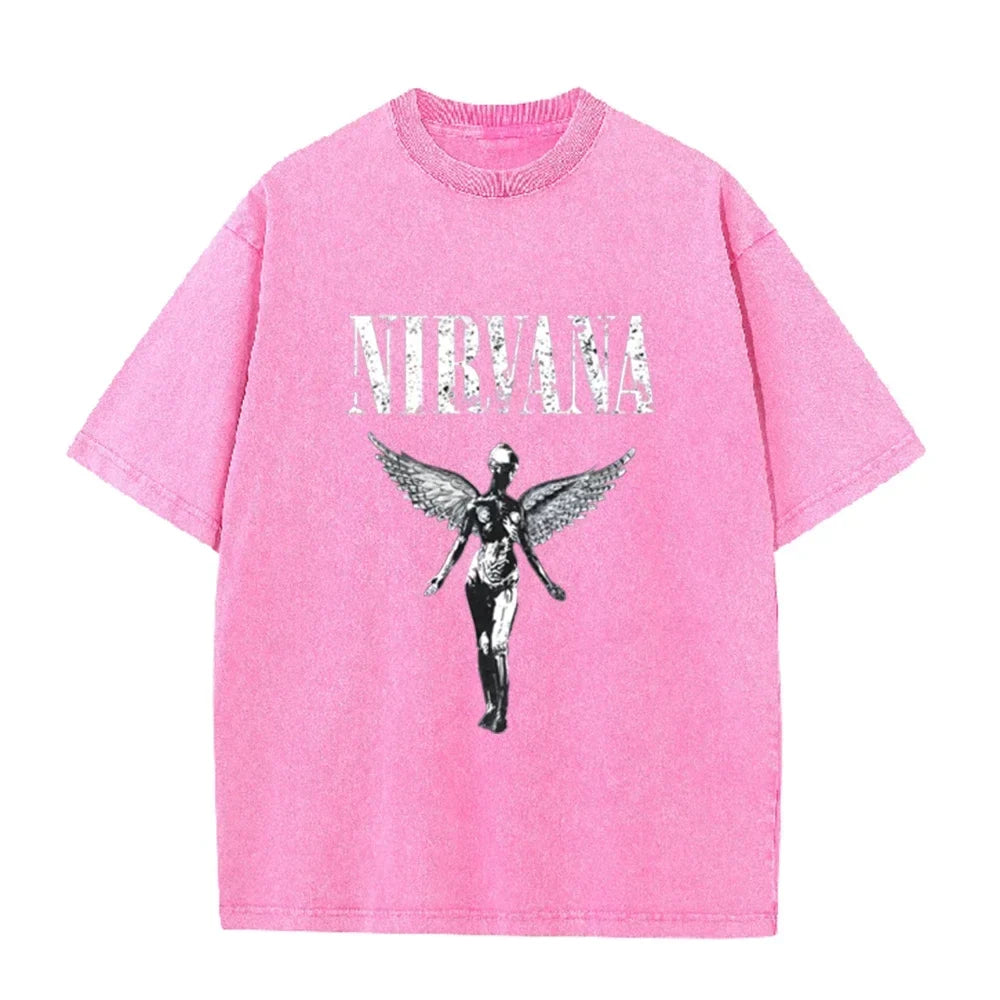 Vintage Distressed Washed Tee Nirvana Grunge Rock Silver Angel Skeleton Print Loose Fit Short Sleeve T Shirts