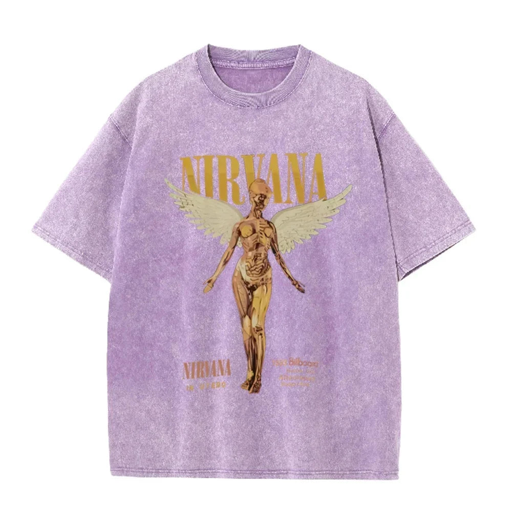 Vintage Distressed Washed Tee Nirvana Grunge Rock Silver Angel Skeleton Print Loose Fit Short Sleeve T Shirts