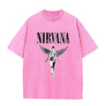 Vintage Distressed Washed Tee Nirvana Grunge Rock Silver Angel Skeleton Print Loose Fit Short Sleeve T Shirts