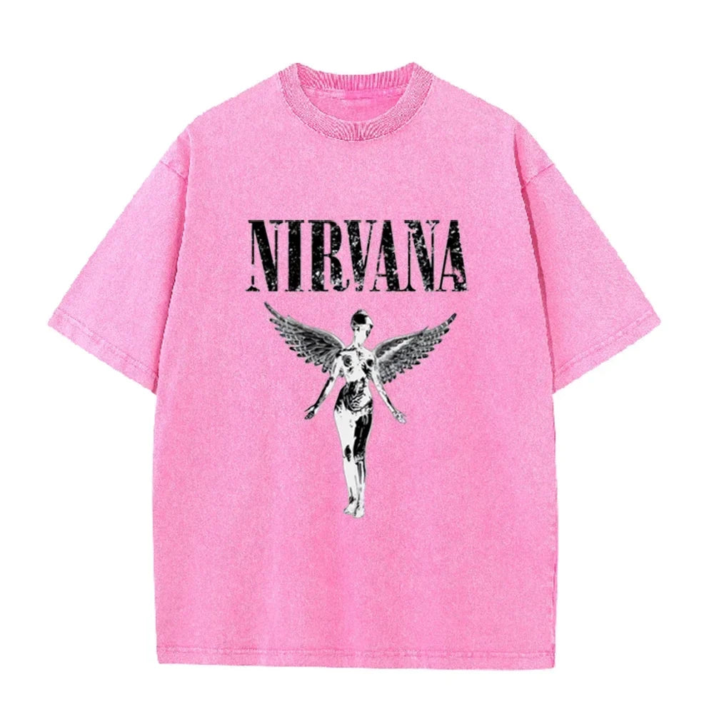 Vintage Distressed Washed Tee Nirvana Grunge Rock Silver Angel Skeleton Print Loose Fit Short Sleeve T Shirts