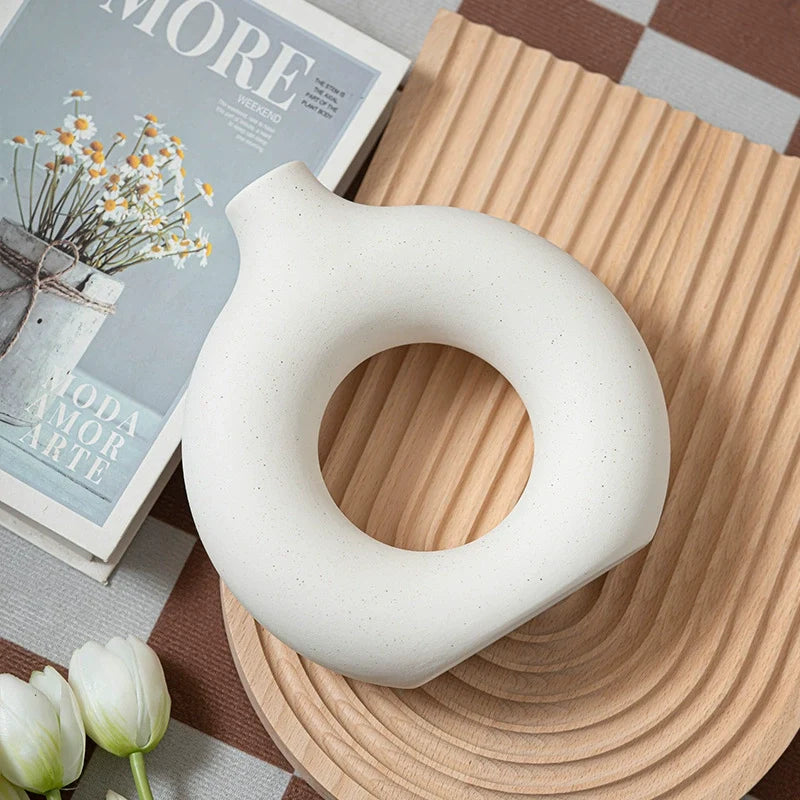 Modern Nordic Circle Ceramic Vase – Minimalist Hollow Sculpture Vessels for Home Decor-1