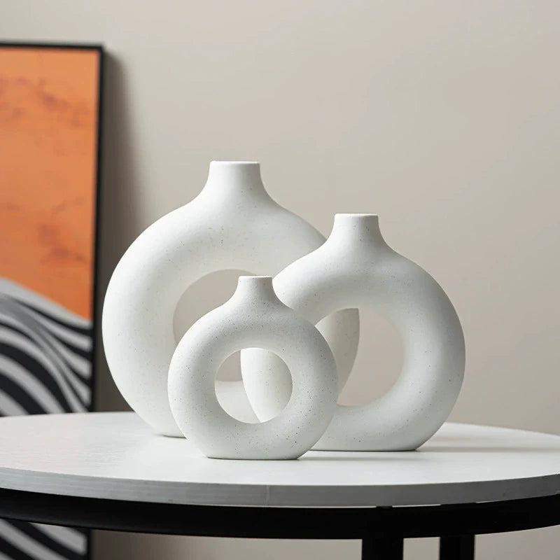 Modern Nordic Circle Ceramic Vase – Minimalist Hollow Sculpture Vessels for Home Decor-2