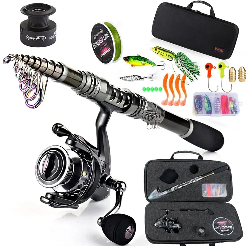 Telescopic Rod and Spinning Reel Carbon Fiber Travel Set Black-0
