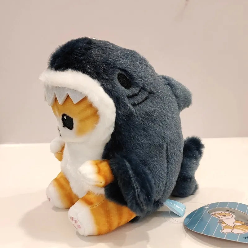 Kawaii Tempura Fried Shrimp Shark Cat Plush Doll Keychain - Blue 13cm-1