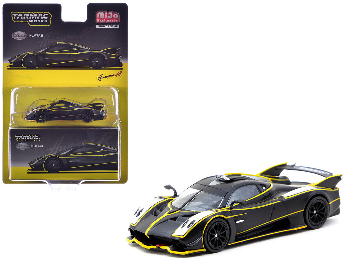 Pagani Huayra R Matt Black with Silver Accents and Yellow Stripes "Global64" Series 1/64 Diecast Model by Tarmac Works-2