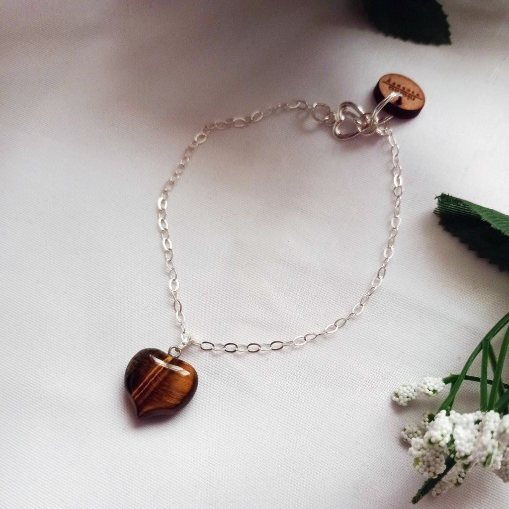 Tiger Eye Bracelet, Sterling Silver Heart Bracelet, Heart Charm Bracelet | by nlanlaVictory-1