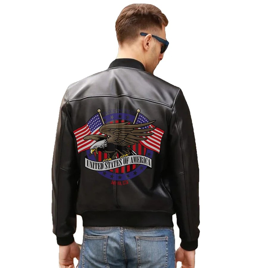 USA Bald Eagle Printed Real Leather Jacket