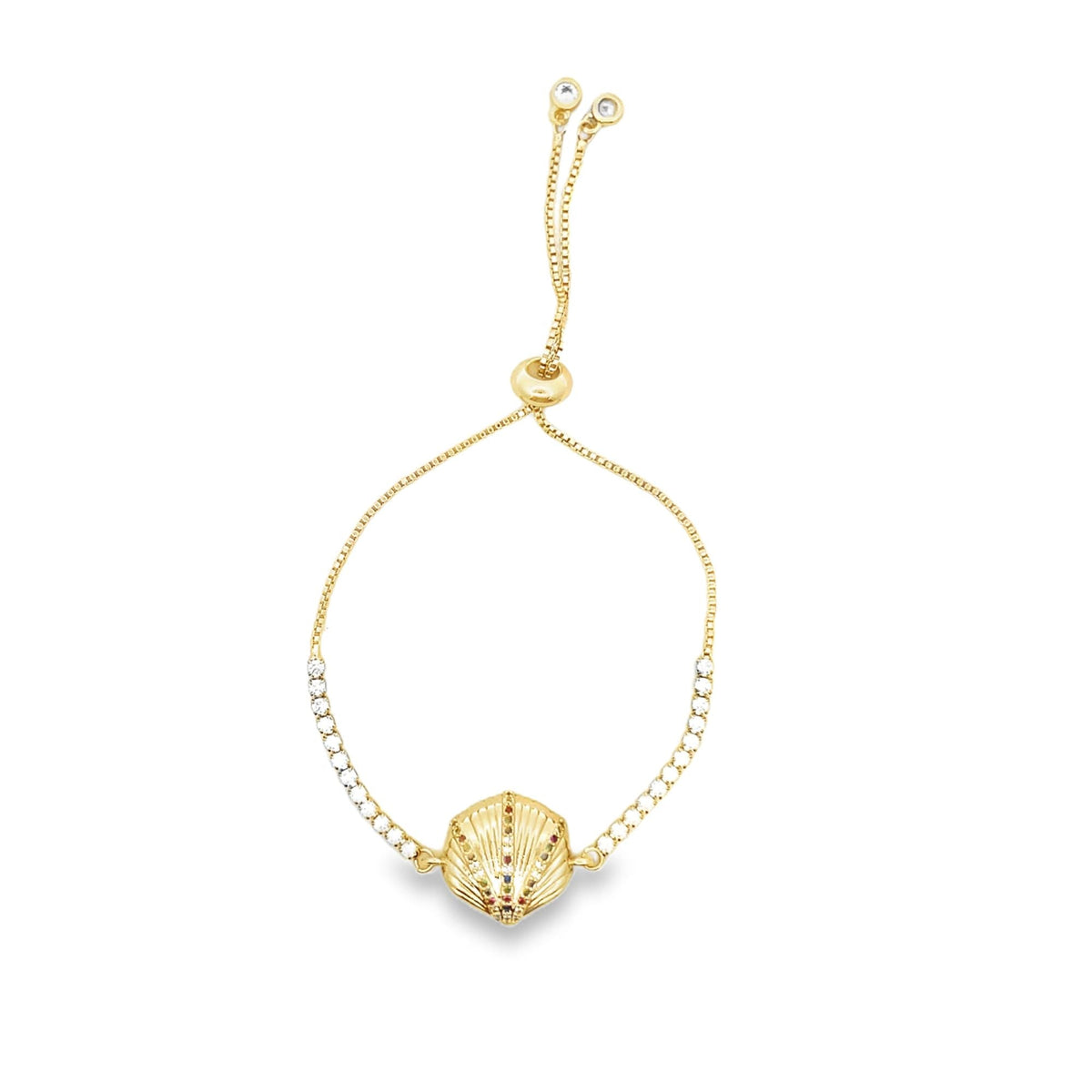 18K Gold Filled Adjustable Box Chain Bracelet With Clear and Multicolor CZ Stones And A Sea Shell Charm (I141)-0