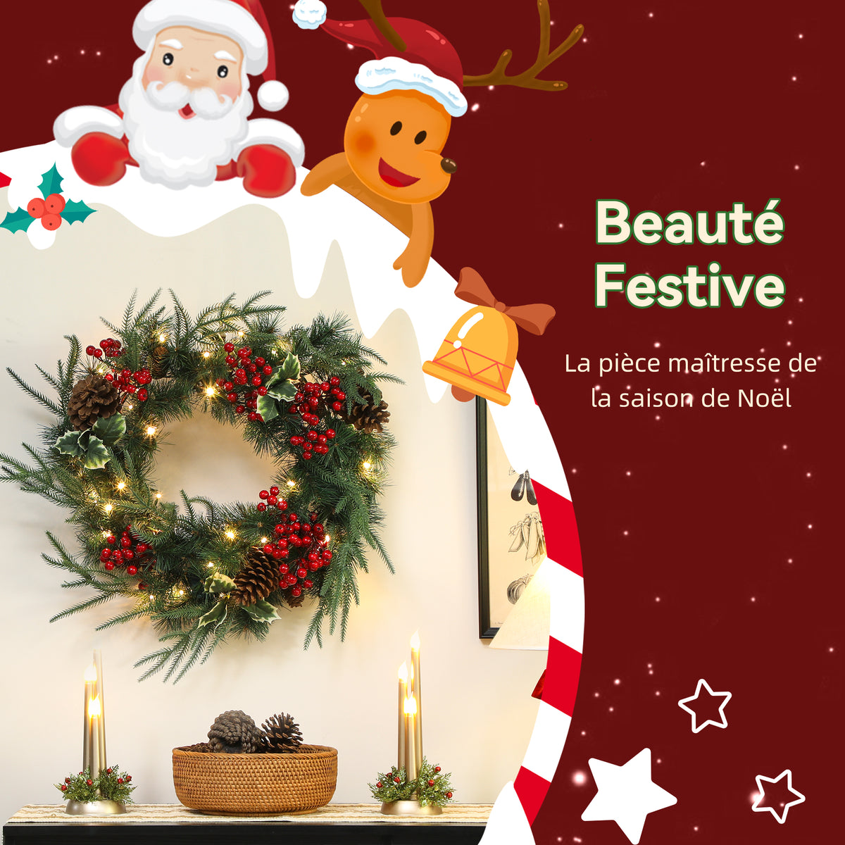 Couronne de Noël lumineuse 60 cm avec 35 LED, minuterie, 170 pointes, pommes de pin, baies, feuilles de houx, vert